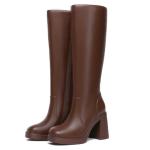 Athlefit Brown Boots Women Fall Knee High Platform Boots Waterproof Leather Chunky Blocked Booties Size 7