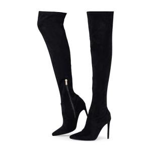 Elisabet Tang Thigh High Boots Over the Knee Boots for Women,Sexy 4.3 inch Stilettos High Heels Boots Stretch Suede Long Pointed Toe Shoes Black Suede Size 9