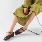 VorisVina Lace Up Square Toe Ballet Flats for Women Cute Bow Slip On Mary Jane Flats Casual Ballerina Shoes Chocolate-Brown