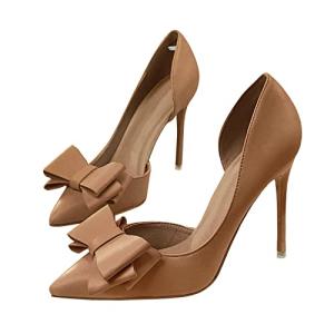 Womens Bow Heels Closed Pointed Toe Dress Shoes Stiletto Slip on Wedding Pumps Brown