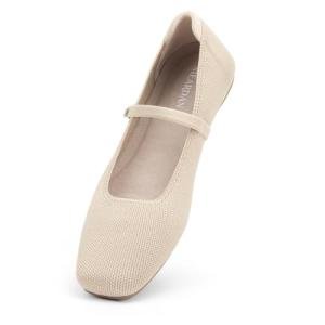 NIEARDAN Women's Ballet Flats Square Toe Slip On Shoes Knit Dress Mary Jane Flats Woman Comfy Soft Causal Work Walking,Size 11，Almond