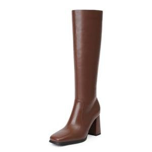 Modatope Brown Knee High Chunky Heel Boots Square Toe Tall Boots for Women Block Heel Side zipper Fall Boot Women Size 8