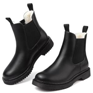 Womens Chelsea Boots Warm Fur Lined Winter Boot Women Lug Sole Combat Mid Calf Slip On Chunky Ankle Booties