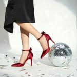 Trary Wine Red High Heels 3.74in Women's Pumps, Bow Knot Ankle Strap, Pointed Toe, Comfy for Wedding, Casual Party, Office