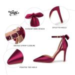 Trary Wine Red High Heels 3.74in Women's Pumps, Bow Knot Ankle Strap, Pointed Toe, Comfy for Wedding, Casual Party, Office