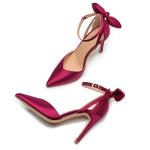 Trary Wine Red High Heels 3.74in Women's Pumps, Bow Knot Ankle Strap, Pointed Toe, Comfy for Wedding, Casual Party, Office