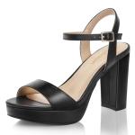 DOBOLIN Wide Width Black Heels for Women Block Chunky Platform High Heels Open Toe Fashion Wedding Party Ankle Strap Dress Sandals Shoes, Size 7