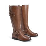 DREAM PAIRS Women's Knee High Riding Pirate Boots, Comfortable Low Chunky Heel Flat Motorcycle Buckle Boots for Women,Size 8,Tan,SDKB2413W