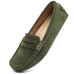 Osslue Women's Green Suede Leather Penny Loafers - Retro Moccasins Driving Slip-On Boat Shoes Flats