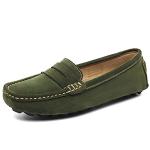 Osslue Women's Green Suede Leather Penny Loafers - Retro Moccasins Driving Slip-On Boat Shoes Flats