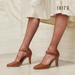 IDIFU Brown Heels Closed Toe Chunky High Heels Comfortable Dress Shoes for Women Pumps Vintage Heels Dressy Wedding Prom Bridal Party Work Office Business D'Orsay Pumps Shoes (Brown Pu, 8)