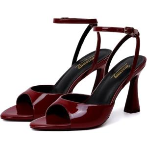 Susanny Burgundy Heels for Women Pointed Open Toe Strappy Chunky Block High Heels Ankle Strap Dark Red Kitten Heeled Sandals Stiletto Wedding Bridal Party Prom Sexy Dress Shoes 9.5