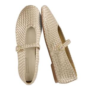 CUSHIONAIRE Bistro Mary Jane Flats for Women, Woven Ballet Flats Shoes with Strap and Memory Foam for All-Day Comfort, Gold 8.5