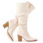 Putu Women's Pointed Toe Knee High Boots Faux Suede Slouch Boots with Chunky Heel Beige 8