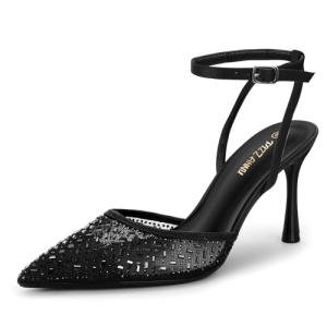 PIZZ ANNU Women's Cienna High Heels Sexy Stiletto Pumps Closed Toe Mesh Sparkly Rhinestones Ankle Strap Dress Wedding Party Pumps Shoes, Black 8.5