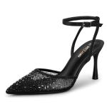 PIZZ ANNU Women's Cienna High Heels Sexy Stiletto Pumps Closed Toe Mesh Sparkly Rhinestones Ankle Strap Dress Wedding Party Pumps Shoes, Black 8.5