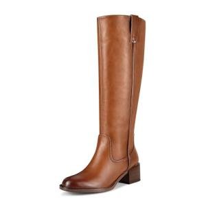 ITOZER Brown Knee High Boots for Women Chunky Heel Round Toe Leather Patent Boots Low Block Heel Tall Boots With Side Zipper, Size 9