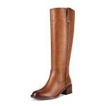 ITOZER Brown Knee High Boots for Women Chunky Heel Round Toe Leather Patent Boots Low Block Heel Tall Boots With Side Zipper, Size 9