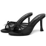 Mostrin Black Mesh Mules Heels with Bow Open Round Toe Stiletto High Heels for Women Dress Slip On Backless Heeled Sandals for Party Holiday Size 7