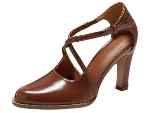 Coutgo Womens Chunky High Heels Dress Shoes Closed Pointed Toe Cross Strap Buckle Pumps Vintage D'Orsay Party Shoes, Brown, Size 7.5