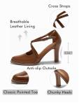 Coutgo Womens Chunky High Heels Dress Shoes Closed Pointed Toe Cross Strap Buckle Pumps Vintage D'Orsay Party Shoes, Brown, Size 7.5