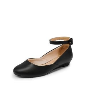 DREAM PAIRS Women's Dress Flats Ballet Low Wedge Round Toe Ankle Strap Comfortable Casual Flats Shoes, Revona，Black/PU-1,Size 11