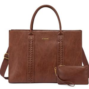 LOVEVOOK Laptop Tote Bag for Women, Vintage Leather Work Bag With Cup Holder, Waterproof Computer Purse, Professional Briefcase Office Shoulder Handbag, 15.6 Inch, Brown