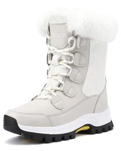 COOJOY Womens Winter Snow Boots Waterproof Shoes Walking Comfortable Hiking Booties Furry Mid Calf Warm Lightweight Beige,US8 EU40