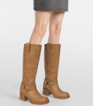 XBKXMK Women's Knee High Riding Boots Round Toe Block Heel Fashion Motorcycle Booties Side Zipper Wide Calf Biker Riding Boots with Studs Camel