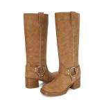 XBKXMK Women's Knee High Riding Boots Round Toe Block Heel Fashion Motorcycle Booties Side Zipper Wide Calf Biker Riding Boots with Studs Camel