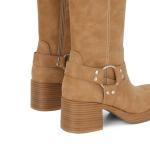 XBKXMK Women's Knee High Riding Boots Round Toe Block Heel Fashion Motorcycle Booties Side Zipper Wide Calf Biker Riding Boots with Studs Camel