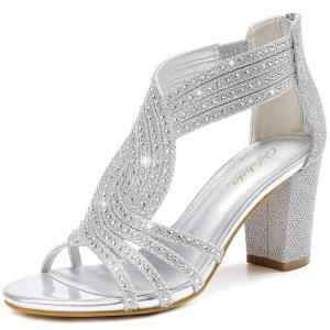 Gufobela Heels for Women Chunky Rhinestone Block Heeled Sandals Sparkly Open Toe Formal Dressy Shoes Wedding Prom Homecoming Hoco (1122 Silver 7)