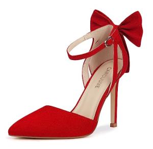 Women's Closed Toe Heels Bow Stiletto Heel Sandals Pointed Toe Pumps Wedding Shoes, BELLEOO-RED-8