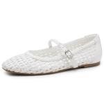 MaxMuxun Flats for Women Square Toe Flats Casual Ballet Flats with Ankle Strap,Mary Jane Shoes Women Knit Comfortable for Dressy Office White Size 8