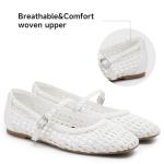 MaxMuxun Flats for Women Square Toe Flats Casual Ballet Flats with Ankle Strap,Mary Jane Shoes Women Knit Comfortable for Dressy Office White Size 8