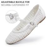 MaxMuxun Flats for Women Square Toe Flats Casual Ballet Flats with Ankle Strap,Mary Jane Shoes Women Knit Comfortable for Dressy Office White Size 8