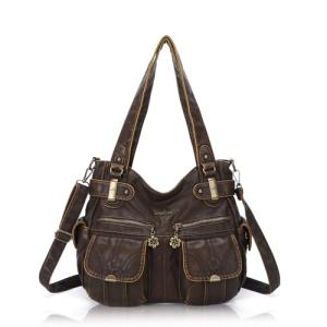 Angel Kiss Women's Designer Handbag Large Double Zipper Multi Pocket Washed Leather Purse