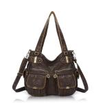 Angel Kiss Women's Designer Handbag Large Double Zipper Multi Pocket Washed Leather Purse