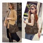 Angel Kiss Women's Designer Handbag Large Double Zipper Multi Pocket Washed Leather Purse