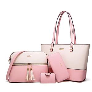 Women Fashion Handbags Wallet Tote Bag Shoulder Bag Top Handle Satchel Purse Set 4pcs Pink-beige-c