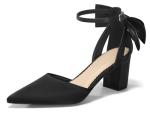 Coutgo Womens Chunky Heels Low Heel Ankle Strap D'Orsay Pumps Closed Pointed Toe Wedding Bridal Shoes, Black, Size 8