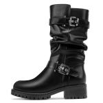 DOBOLIN Mid Calf Boots For Women with a Wide Toe Box Motorcycle Biker Riding Boots with Buckles Round Toe Dress Boots with Low Chunky Heel Black Size 8.5