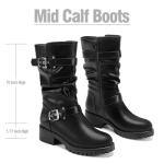 DOBOLIN Mid Calf Boots For Women with a Wide Toe Box Motorcycle Biker Riding Boots with Buckles Round Toe Dress Boots with Low Chunky Heel Black Size 8.5