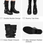 DOBOLIN Mid Calf Boots For Women with a Wide Toe Box Motorcycle Biker Riding Boots with Buckles Round Toe Dress Boots with Low Chunky Heel Black Size 8.5