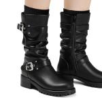 DOBOLIN Mid Calf Boots For Women with a Wide Toe Box Motorcycle Biker Riding Boots with Buckles Round Toe Dress Boots with Low Chunky Heel Black Size 8.5