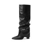 Modatope Womens Black Slouchy Fold Over Knee High Boots Chunky Heel Pointed Toe Boots Dress Tall Block Boots Long Boots Size 10