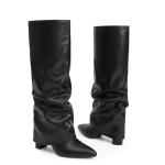 Modatope Womens Black Slouchy Fold Over Knee High Boots Chunky Heel Pointed Toe Boots Dress Tall Block Boots Long Boots Size 10