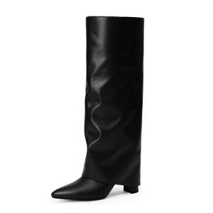 Black Chunky Heel Fold Over Knee High Boots