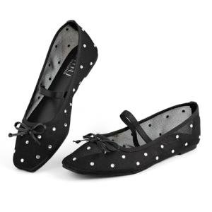 MUSSHOE Lace Women's Flats with Rhinestone：Square Toe Ballet Flats：Slip-on Dressy Comfortable Casual Ballerina Shoes for Wedding Bridal Work,Black 9