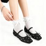 MUSSHOE Lace Women's Flats with Rhinestone：Square Toe Ballet Flats：Slip-on Dressy Comfortable Casual Ballerina Shoes for Wedding Bridal Work,Black 9